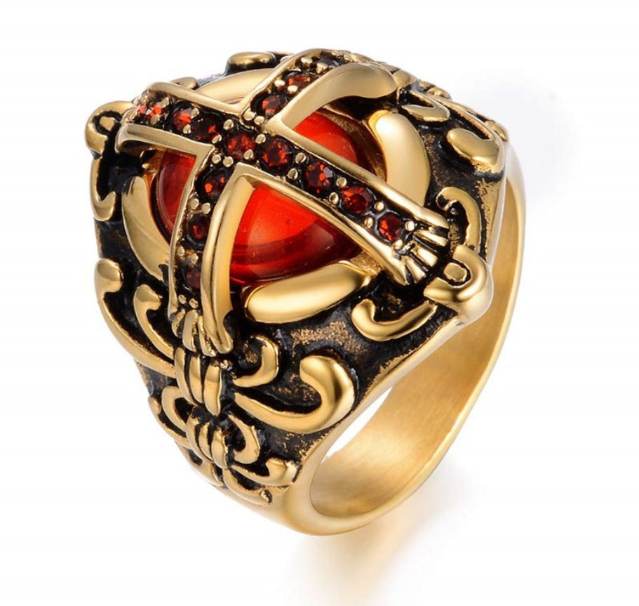 Vintage Stainless Steel Cross Ring With Red Diamond Geometrical Design Mens Ring Wide Band Jewelry Gold Accent