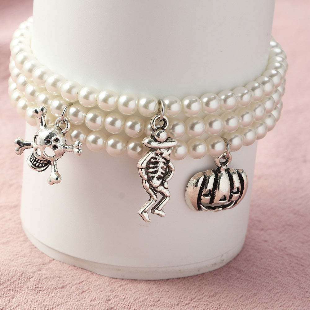 Womens Skull Bracelet Set Halloween Imitation Pearl Alloy Bracelet Fashion Design Women3PieceSet EuropeStyle