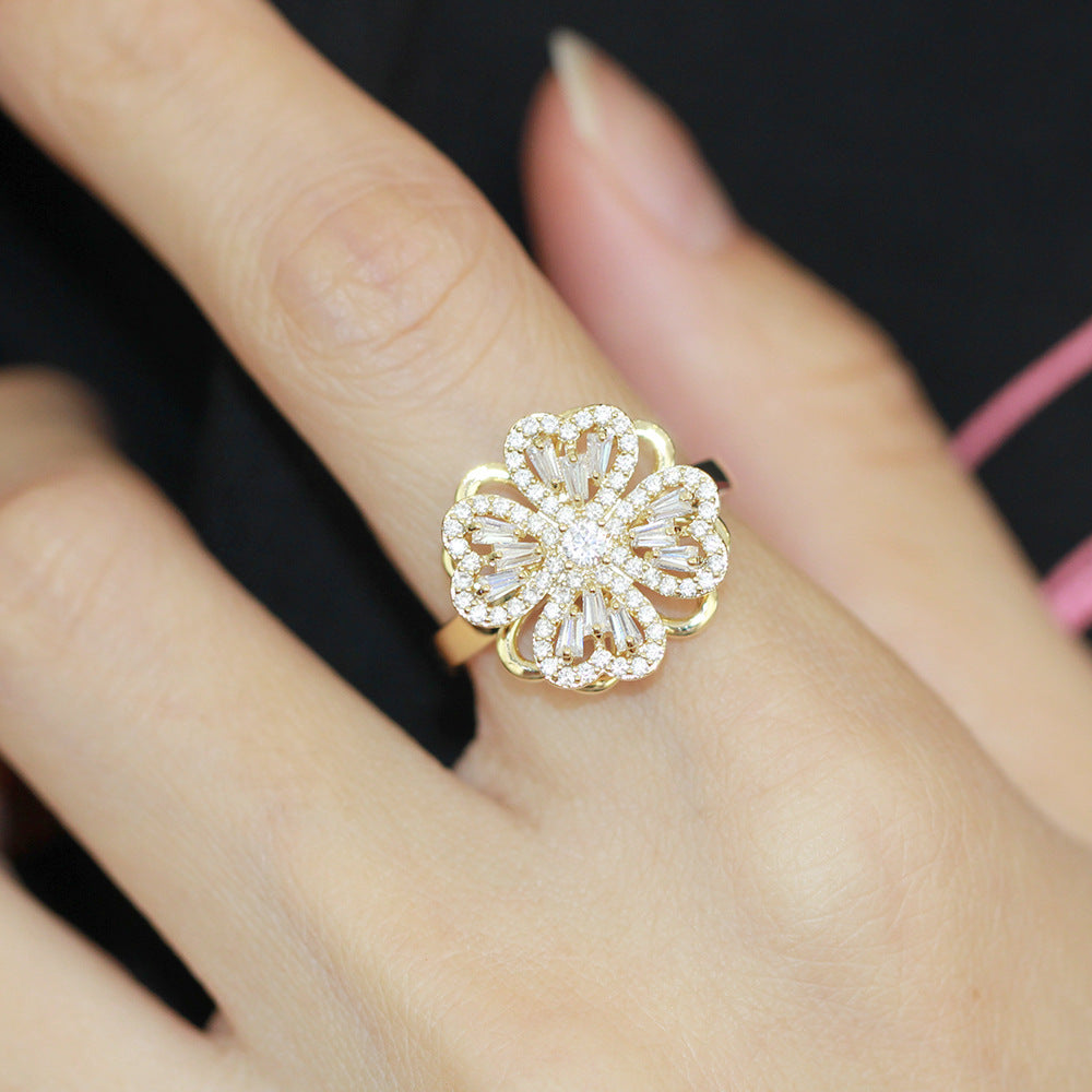 Womens Rotatable Clover Ring Gold Plated Copper Adjustable Fashion Korean Ring Lucky Four Leaf Clover Ring Set