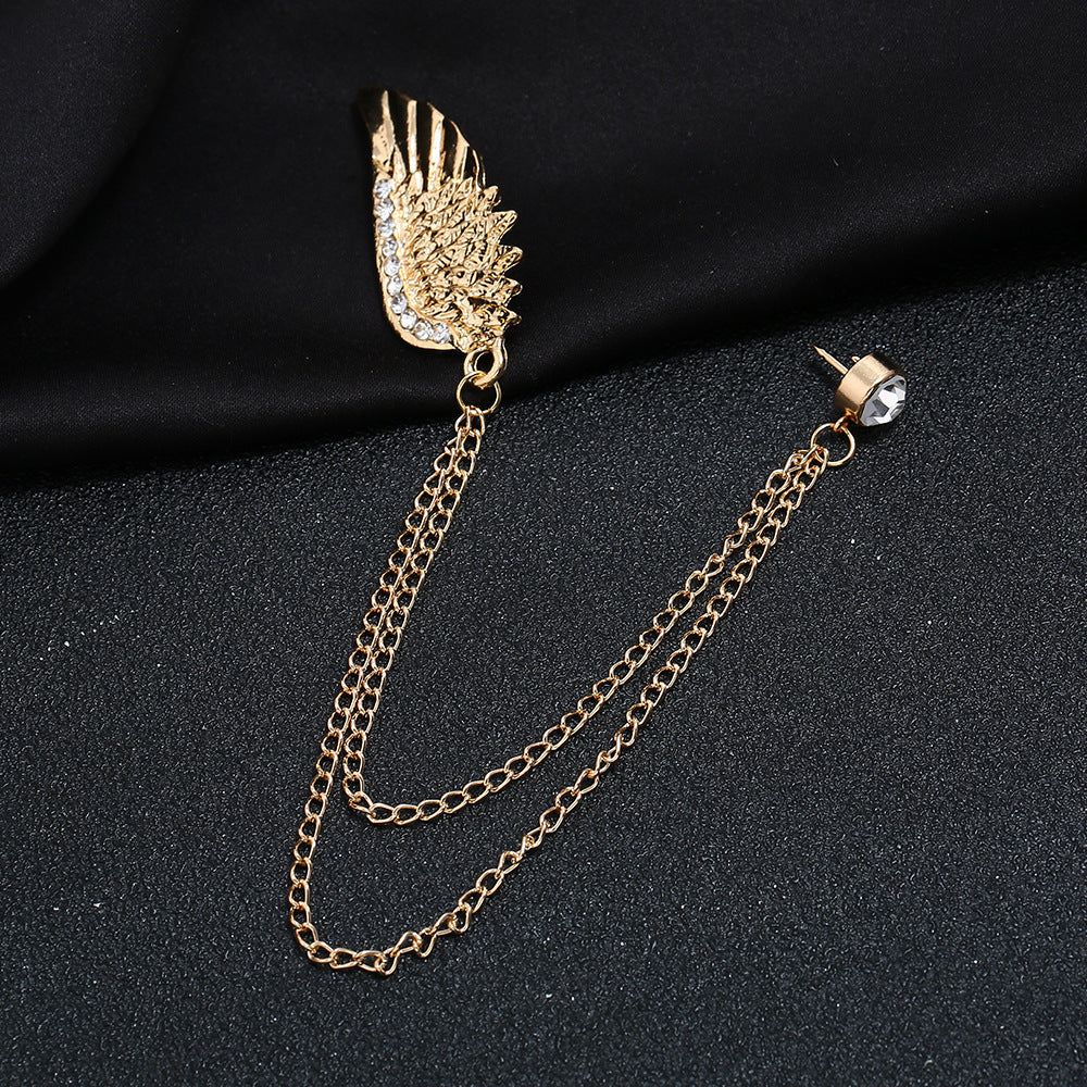 Angel Wings Brooch Silver Plated Rhinestone Metal Tassel Chain Unisex Vintage Fashion Pin Handcrafted Gem Sets