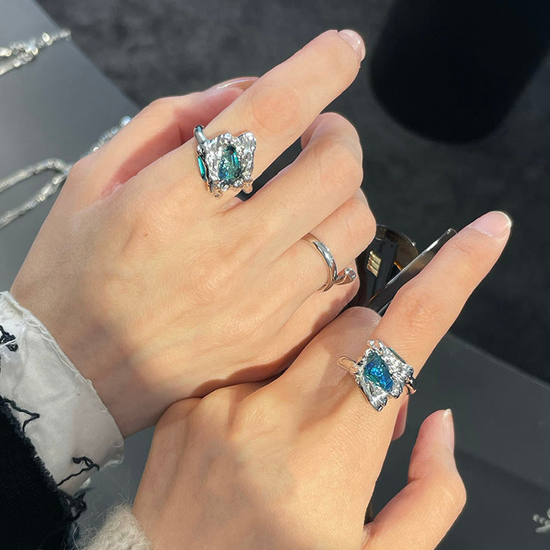 Azure Crystal Geometric Ring Adjustable Gold Plated Alloy Artificial Gemstone Jewelry Fashion Statement Sparkle