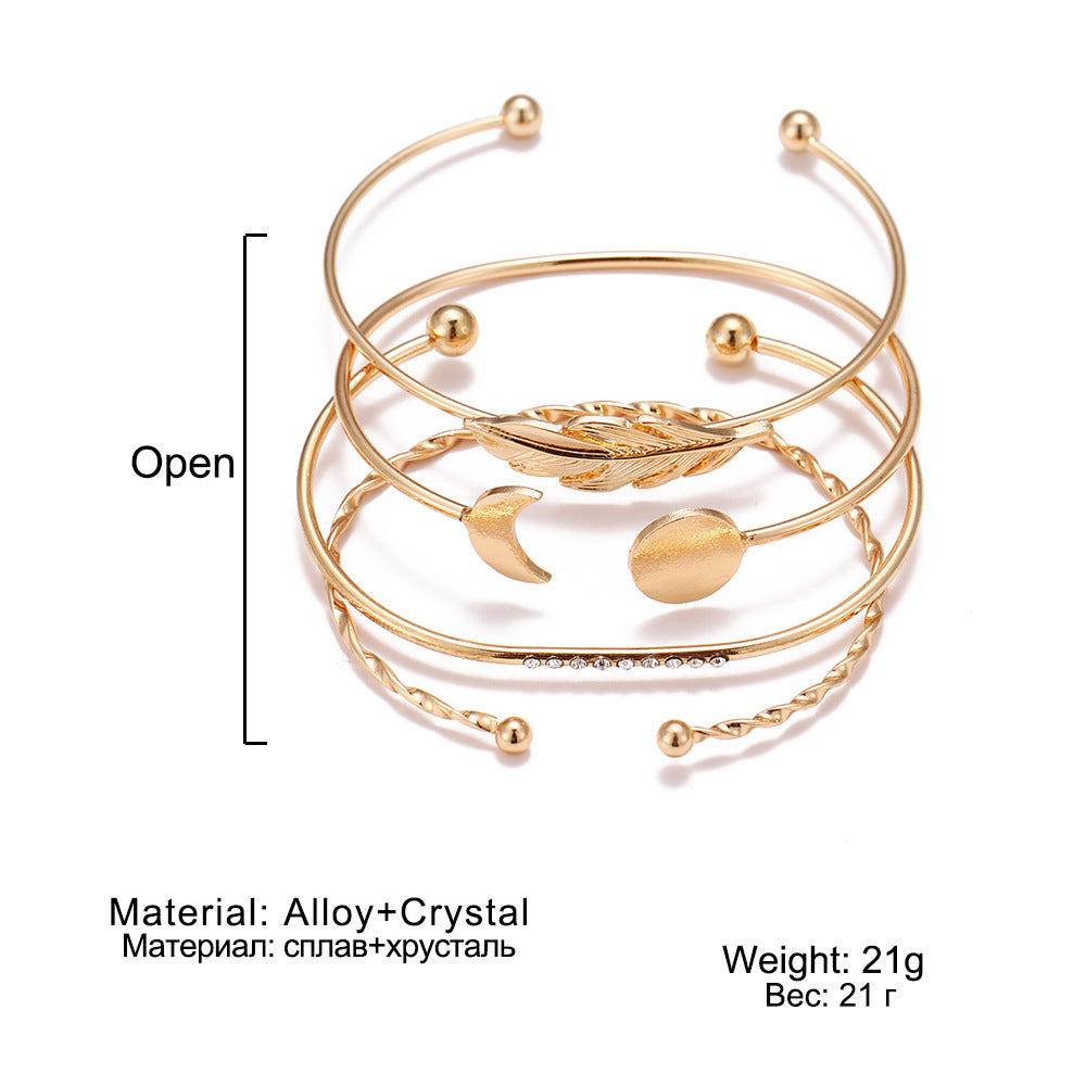 Unisex Electroplated Alloy Bracelet Korean Geometric Design Moon Inlay Leaf Inlay Brick Pattern Wristband Fashion