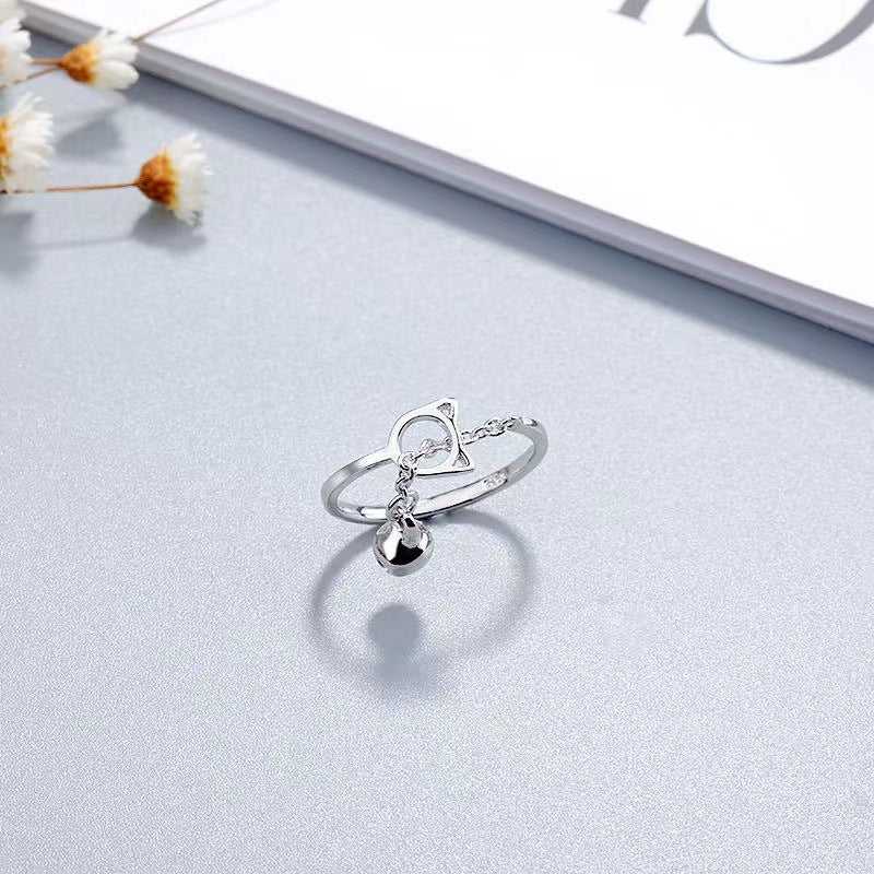 Unisex Adjustable Cat Ring Electroplated Animal Zodiac Ring Tassel Bell Charm Inner Diameter 17mm Opening Size