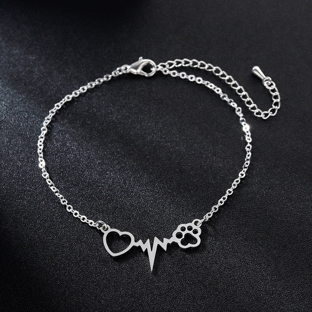 Unisex Heart Bracelet Alloy Electroplated Jewelry Cat Paw Pendant Cardiogram Heartbeat Charm Gift For Heartbeat