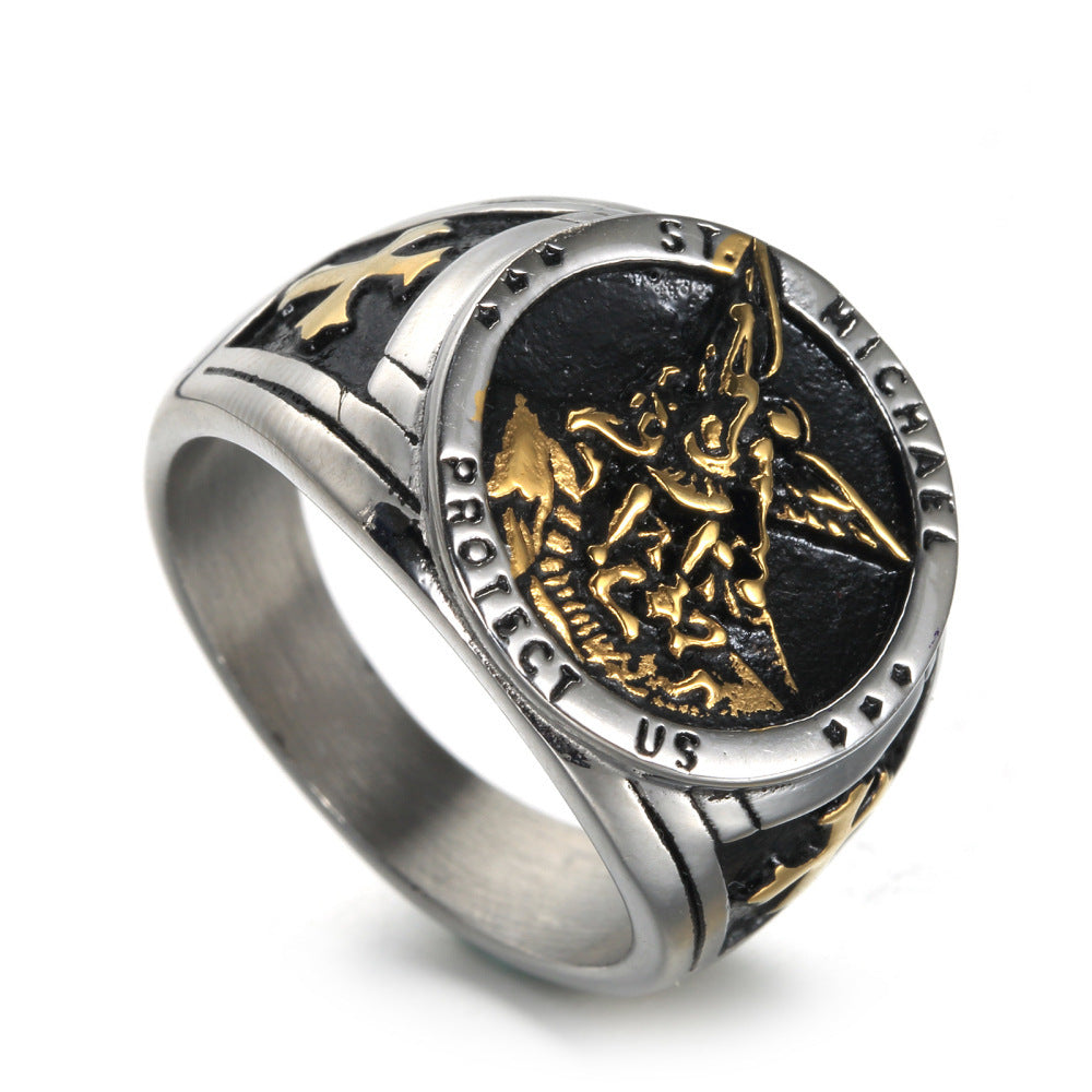 Men's Stainless Steel Silver Ring American Guardian Goddess Design Jewelry Band European and American Inspired Ring Titanium Steel Ring for Men Fashion Ring