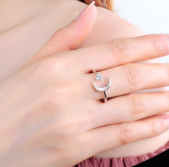 Adjustable Stars Moons Ring Polished Mosaic Design S925 Silver Celestial Jewelry Everyday Ring For Women Girls