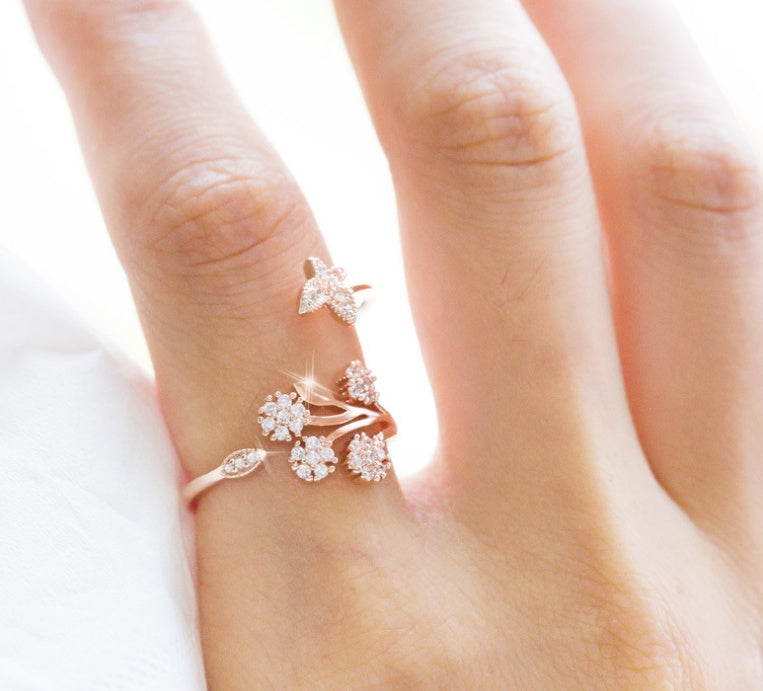 Adjustable Dandelion Ring With Butterfly Design Copper Zircon Inlaid Open Band For Women Size Adjustable Women