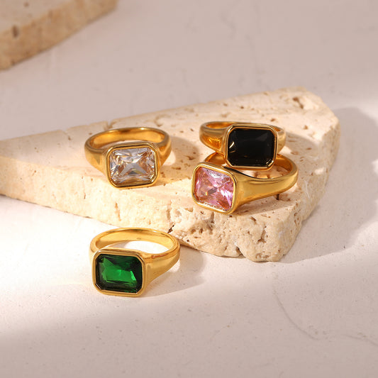 18K Gold Plated Stainless Steel Ring Square Zircon Fashion Jewelry Glossy Finish Ring Souvenir Tour Gift Elegant