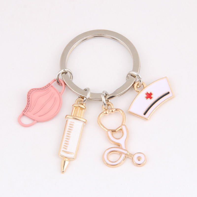 Women Fashion Nurse Cap Charm Keychain Alloy Key Ring With Mask Syringe Stethoscope Pendant Fashion Accessory For Her