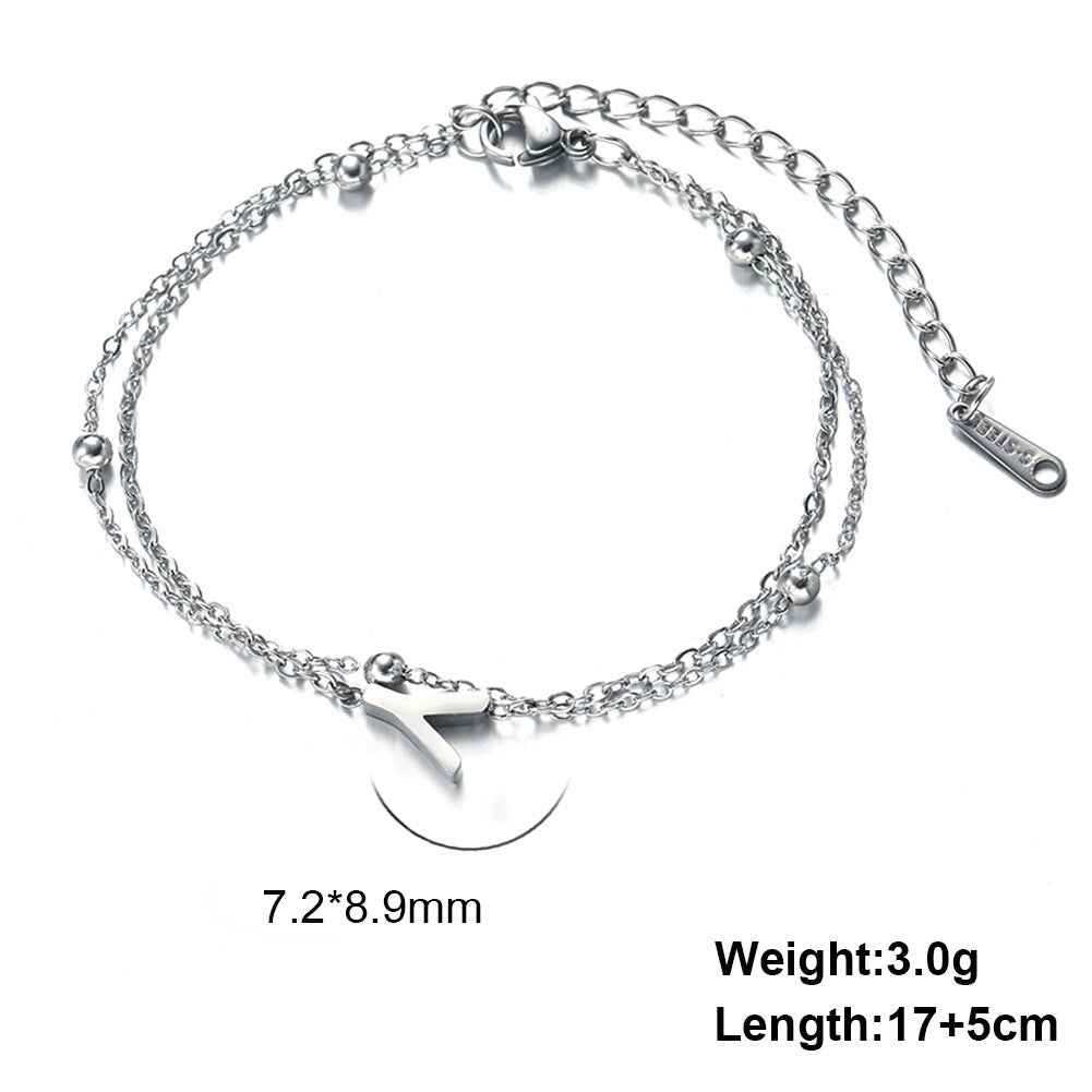 Womens Stainless Steel Double Layer Chain Bracelet With Initial Pendant Electroplated Finish Jewelry Gift Gold