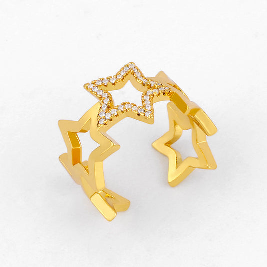Womens Star Diamond Ring Adjustable Open Gold Plated