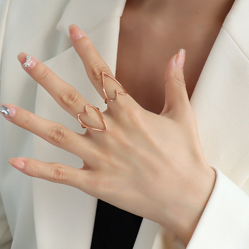 Womens Ring Peach Heart Hollow Design Titanium Steel Rose Gold Electroplate Fashion Jewelry GiftForHer Elegant