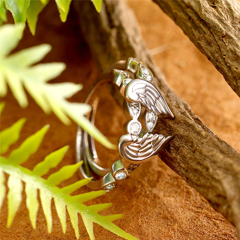 Womens Angel Wing Ring Diamond Accent Couple Ring Set Platinum Plated Promise Jewelry Anniversary Gift Engagement Band Fashion Ring Travel Memorial