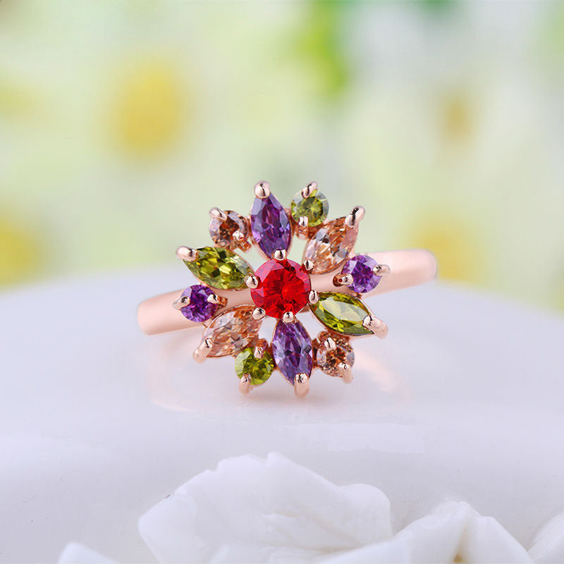 Womens Zircon Ring Colorful Austrian Crystal Dazzling Electroplated Alloy Rose Gold Tone Elegant Party Wedding Jewelry