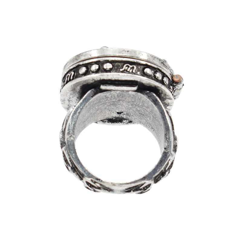 Alloy Metal Ring With Black Gemstone Accent Ancient Silver Finish Five Star Treasure Box Ring For Women And Girls
