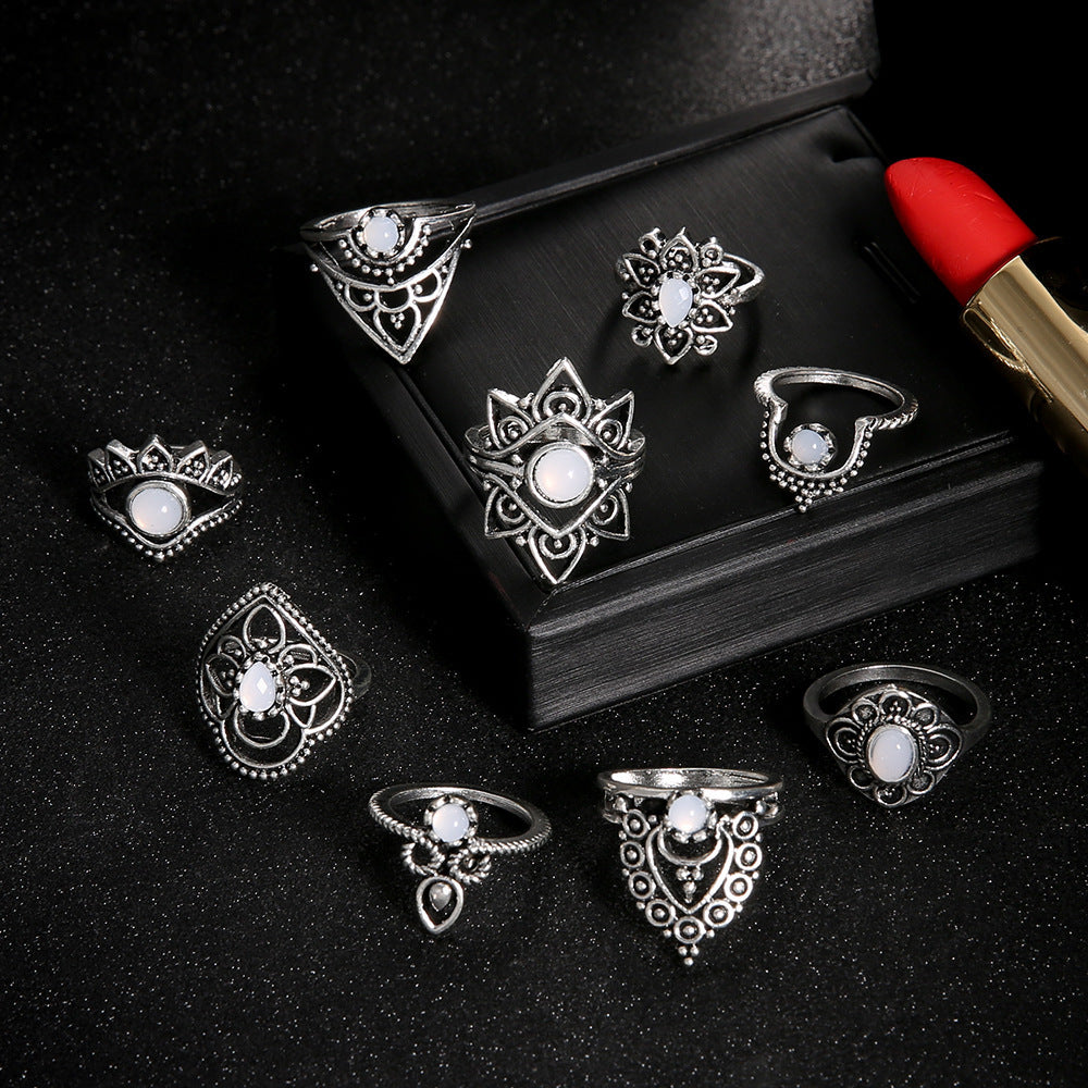 Vintage Starry Crown Gem Ring Set Ninepiece Exaggerated Alloy Rings European Bloom Design Perfect Gift for Her