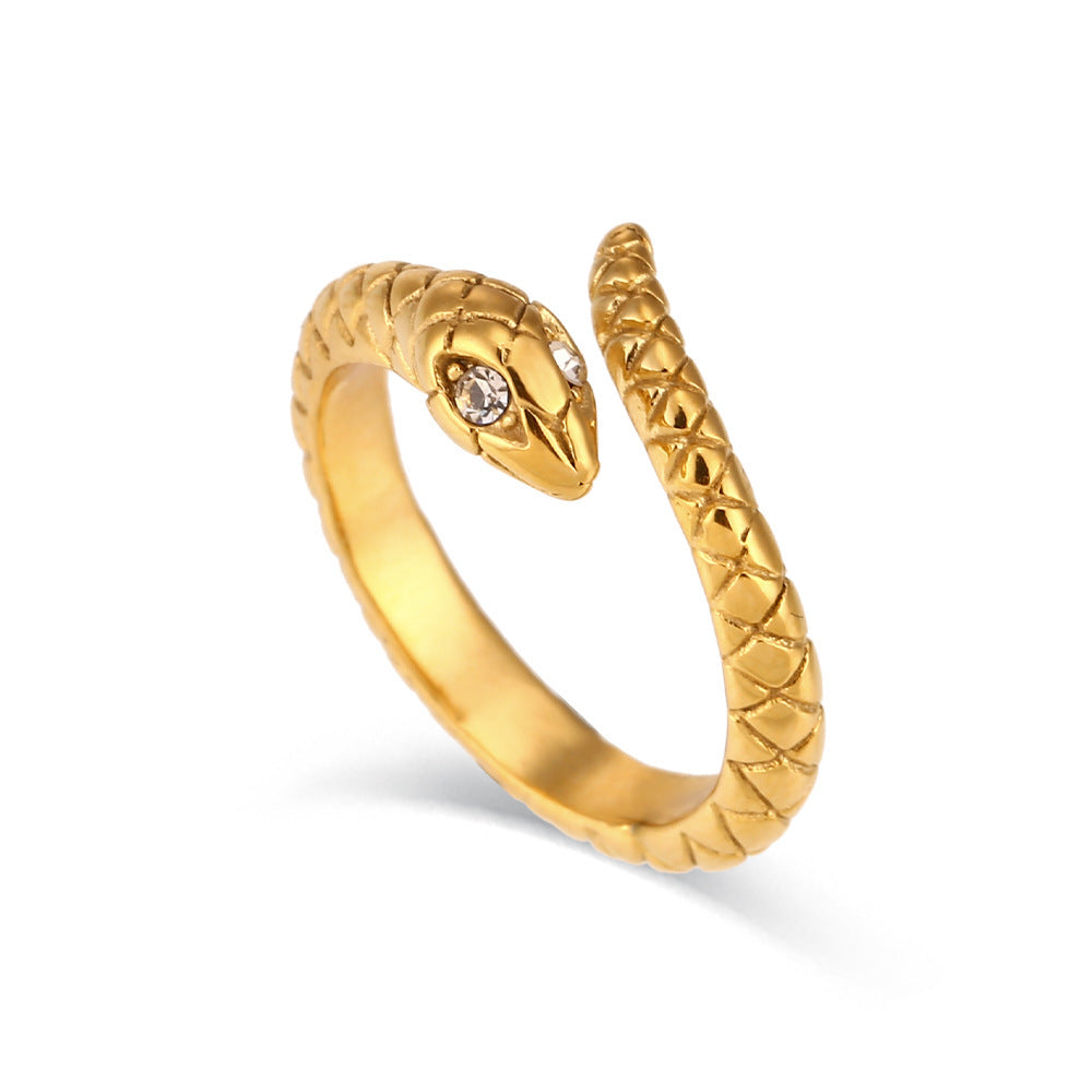 Womens Stainless Steel Gold Plated Snake Ring With White Diamond Eye Adjustable Open Design Fashion Jewelry Accessory