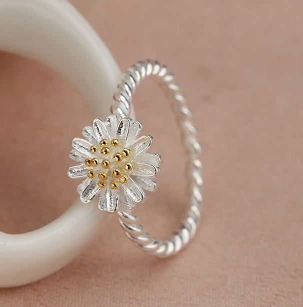 Open Geometric Ring Adjustable Daisy And Sunflower Design S925 Silver Ring For Delicate Everyday Wear Everyday