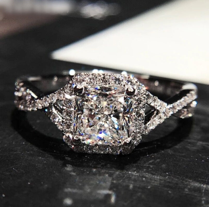 6mm Princess Cut Zircon Ring 925 Sterling Silver Engagement Band Europe And America Style Geometric Mosaic Jewelry