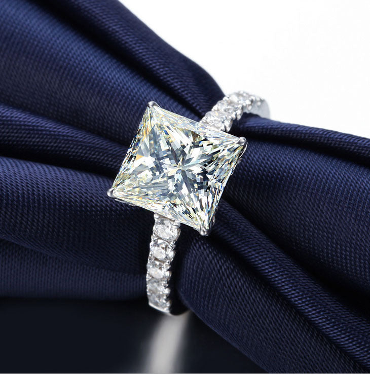 Womens Square Diamond Zircon Ring Silver Plated Copper Geometric Design Fashion Jewelry Accessory Elegant Gift