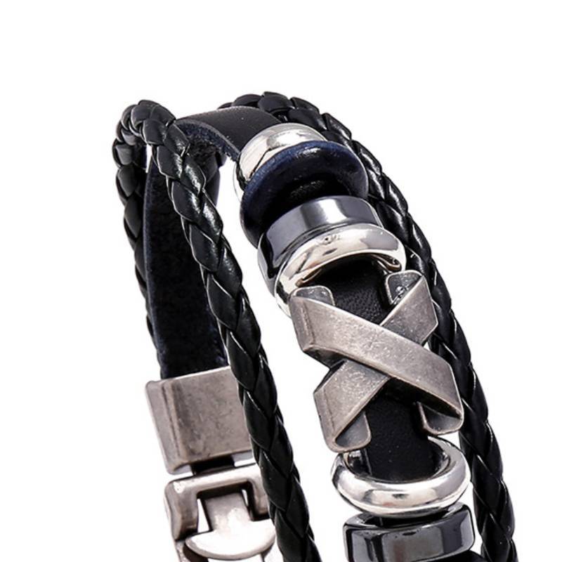 Unisex Leather Woven Cowhide Bracelet Geometric Bangle with Silver Accents Black Wristband for Males and Women