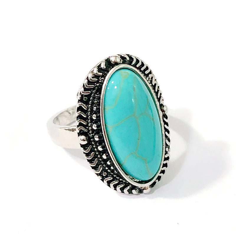 Unisex Vintage Oval Turquoise Ring Heart Shape Statement Alloy Electroplated Fashion Jewelry For Men Women Chic