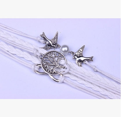 Womens Vintage Braided Bracelet Hand Woven Peace Dove Pearl Life Tree Design Alloy Rope Wristband Jewelry Gift Elegant