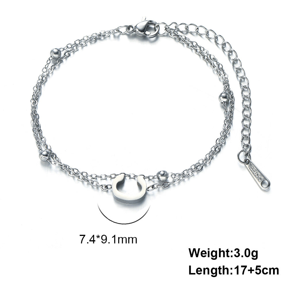 Womens Stainless Steel Double Layer Chain Bracelet With Initial Pendant Electroplated Finish Jewelry Gift Gold