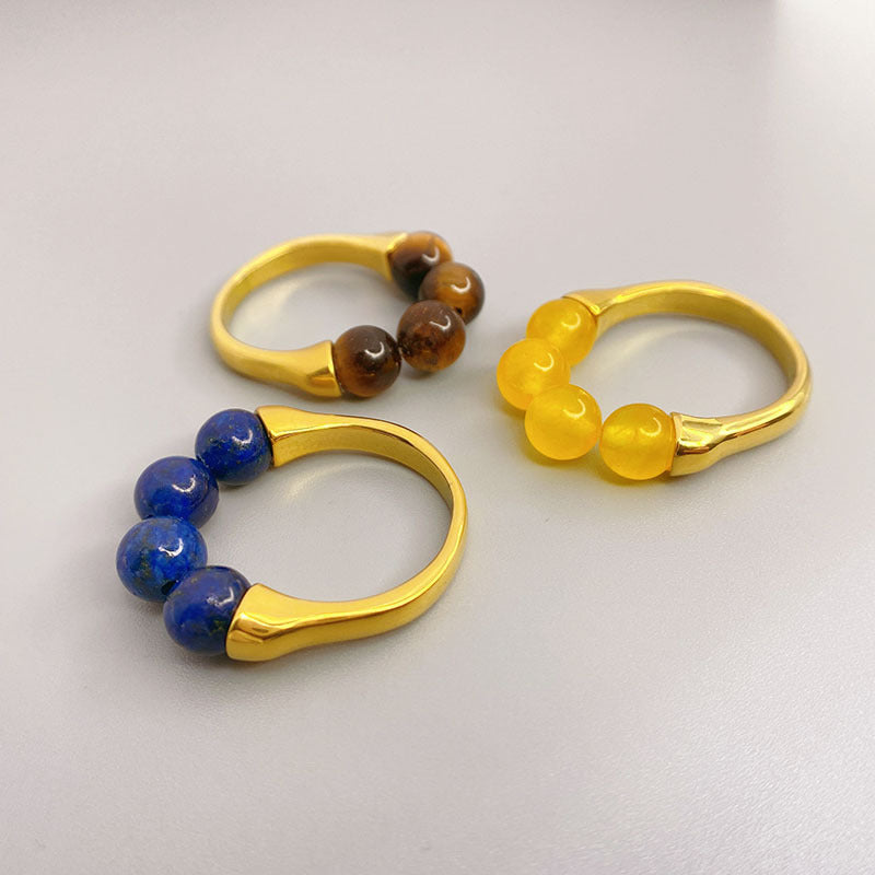 Copper Beaded Ring Geometric Retro Style With Blue Lapis Lazuli And Brown Tiger Eye Gemstones For Women Everyday Wear