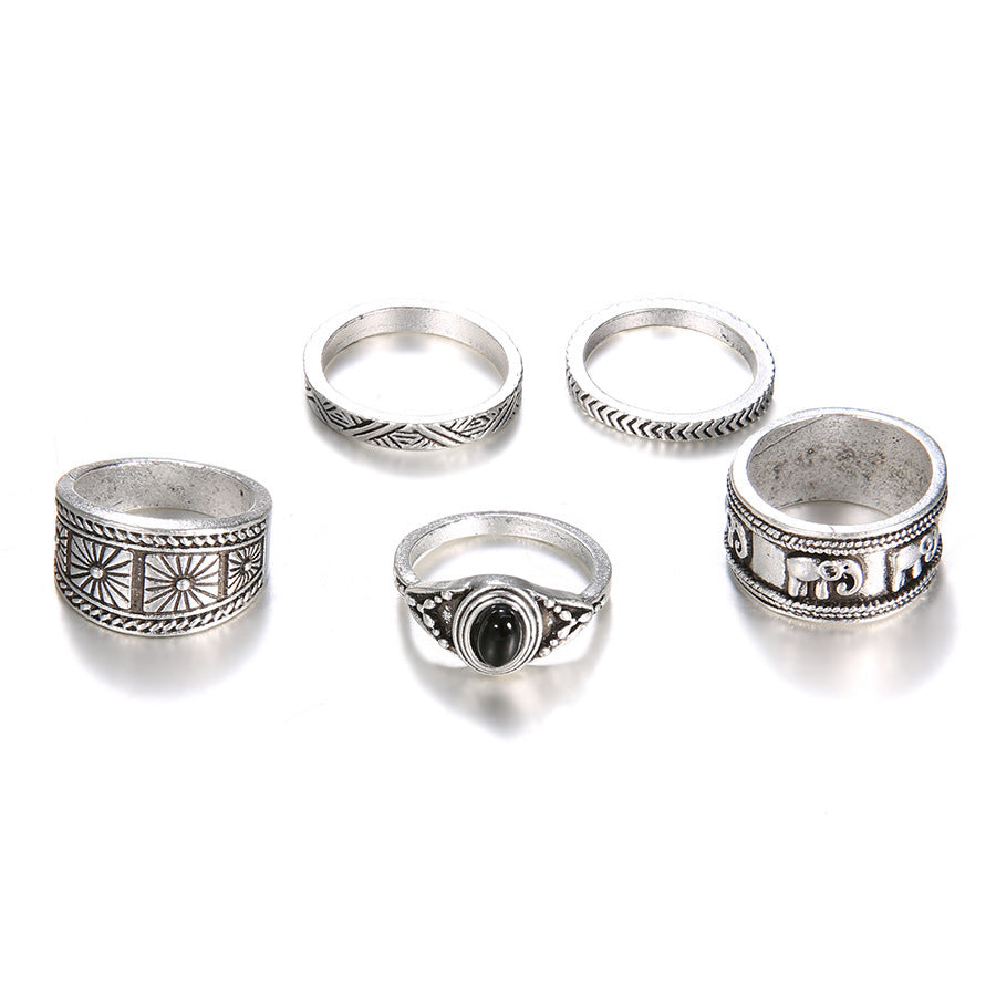 Five Piece Womens Ring Set With Black Gemstones Bohemian Geometric Electroplated Alloy For Her BirthdayGift For