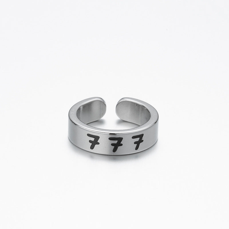 Womens Stainless Steel Ring Vintage Lucky Number Silver Text Ring Fashion Statement Jewelry High Quality Design