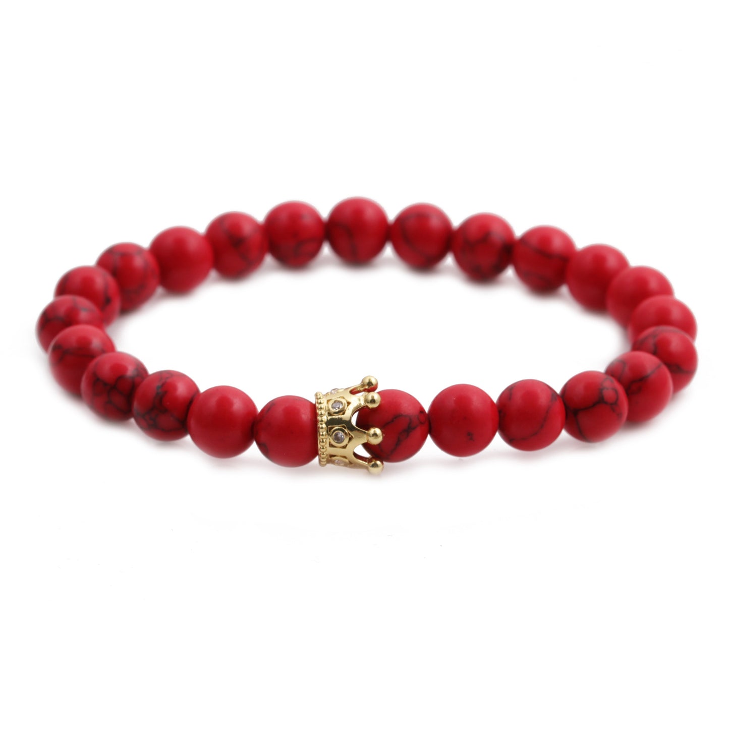 Red Pine Wood Bracelet With Copper Crown And Red Turquoise Accents Micro Inlaid White Zircon Elastic Cord Glow