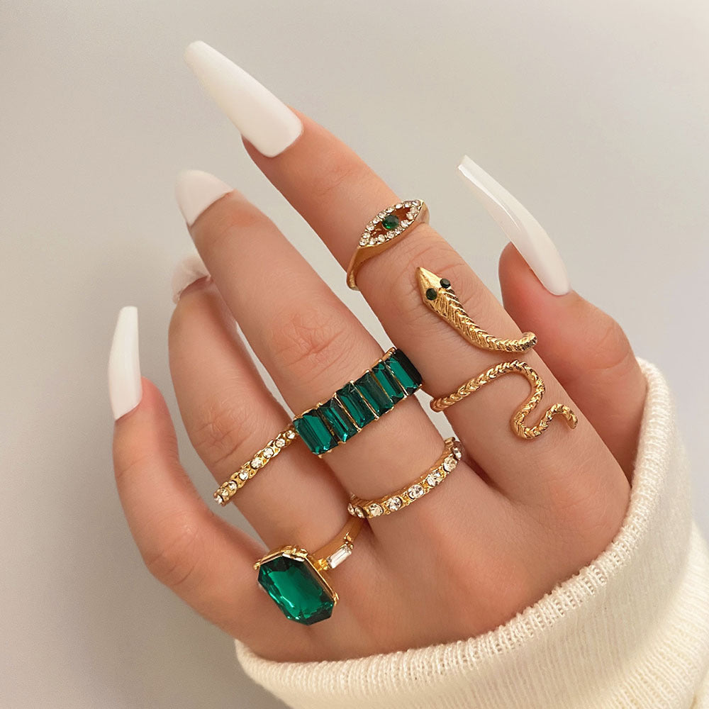 Green Rhinestone Geometric Ring Set For Women Six Piece Alloy Electroplated Jewelry For Women And Girls Trendy