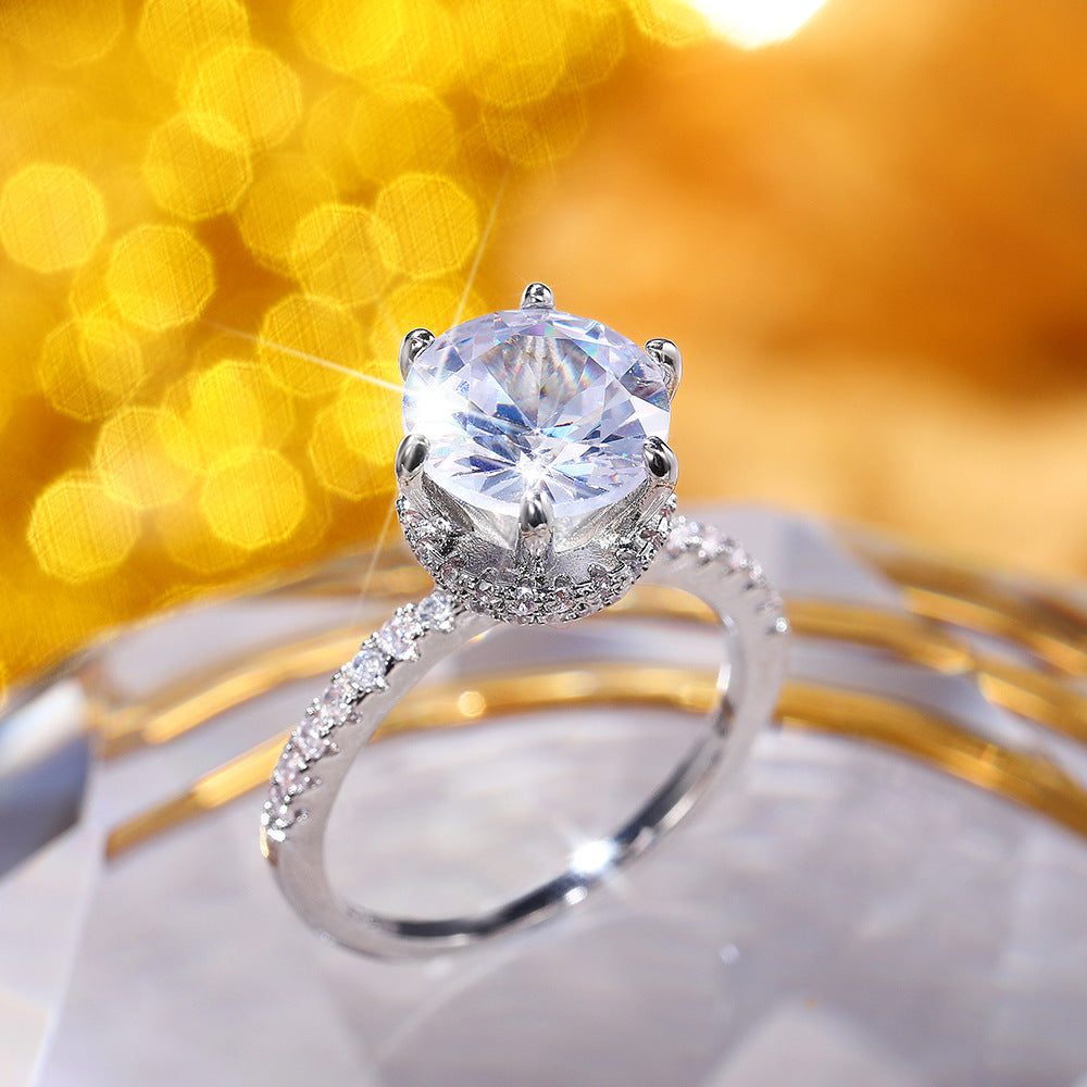 Womens Zircon Six Claw Inlaid Ring Gold Plated Copper Wedding Jewelry For Her Elegant Gift For Occasions Classic