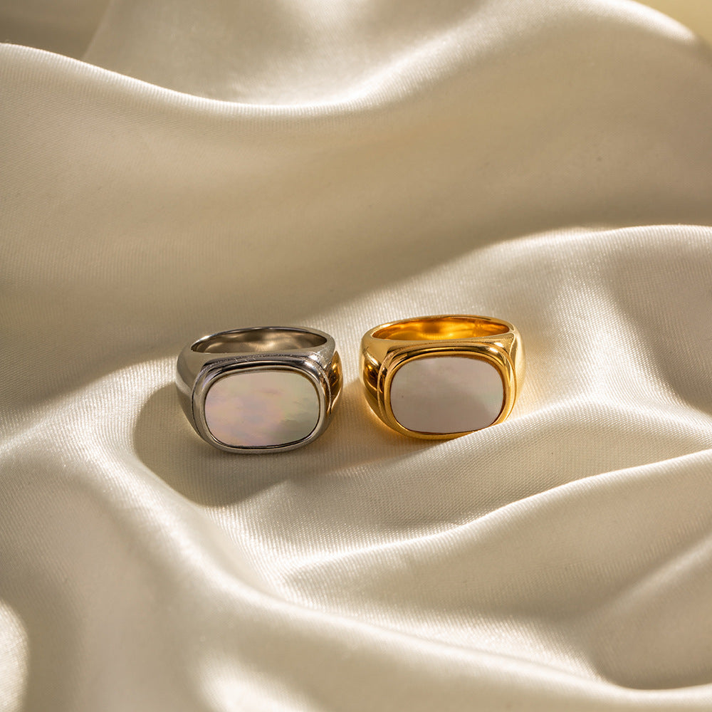 Women's Stainless Steel Ring with Square White Shell 18K Gold Plated Geometric Jewelry Ring for Her
