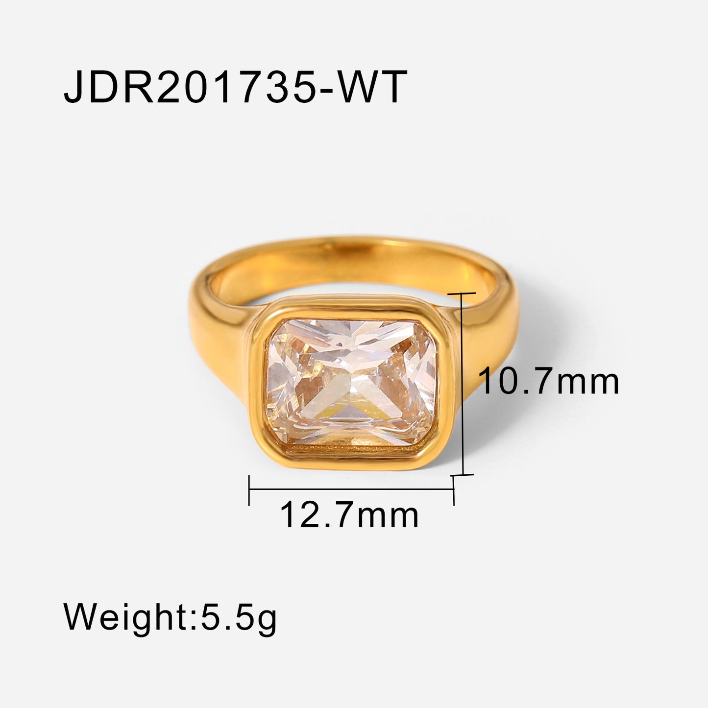 18K Gold Plated Stainless Steel Ring Square Zircon Fashion Jewelry Glossy Finish Ring Souvenir Tour Gift Elegant