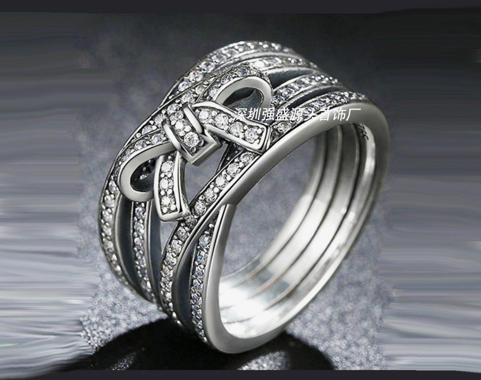 Womens Multi Layer Cross Bow Ring Rhinestone Copper European American Style Festive Gift Ring For Her Delicate