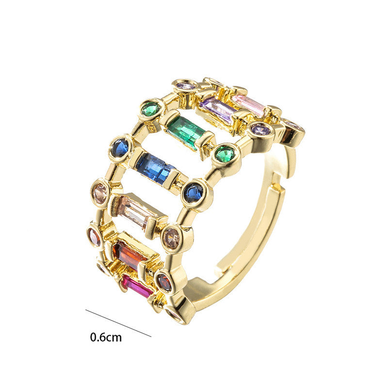Rainbow Color Crystal Zircon Ring Copper Style Simple And Stylish Electroplated Inlay Jewelry For Daily Wear S