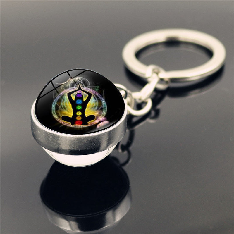 Yoga Keychain Double Sided Glass Ball Pendant Silver Plated Alloy Car Key Ring Bag Charm Decoration Gift Decor