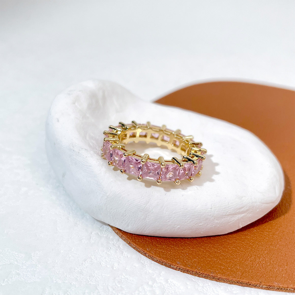 Geometric Copper Ring With Micro Diamond Silver Tone