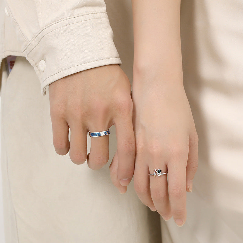 Adjustable Astronaut Couple Ring 925 Silver with Colored Glaze Stone Cartoon Jewelry Adjustable Opening Design