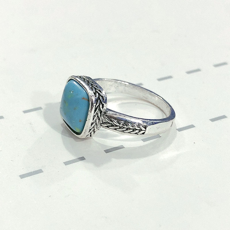Womens Turquoise Inlaid Square Ring With Flower Design Alloy Geometric Fashion Jewelry Accessory For Women Now