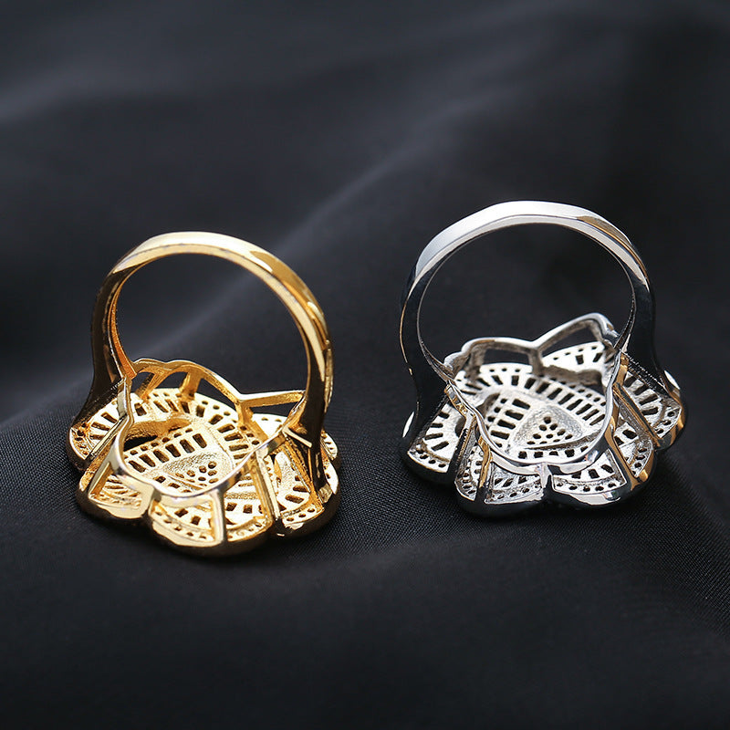Womens Vintage Flower Zircon Ring Copper Gold Plated Exaggerated Band For Ladies Jewelry Elegant Jewelry Style