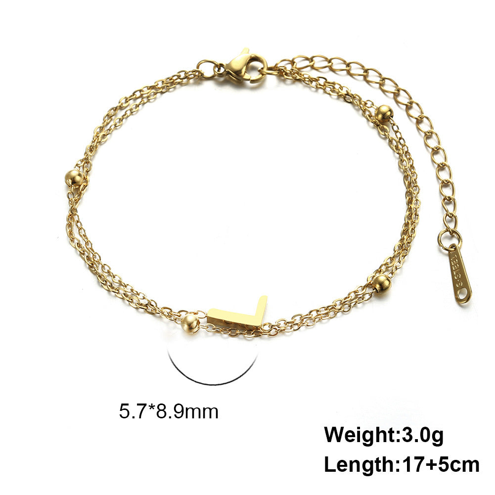 Womens Stainless Steel Double Layer Chain Bracelet With Initial Pendant Electroplated Finish Jewelry Gift Gold