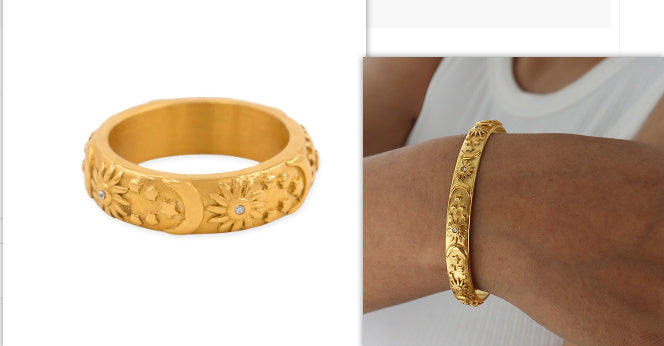 Womens Ring with Sun Moon and Stars Design Stainless Steel Ring with Zircon Stones Electroplated Geometric Ring for Women Niche Ring