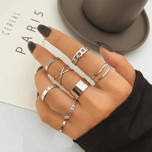 Womens Vintage Geometric Engraved Alloy Ring Set Gold And Silver Openwork Chain Design Jewelry Gifts For Women
