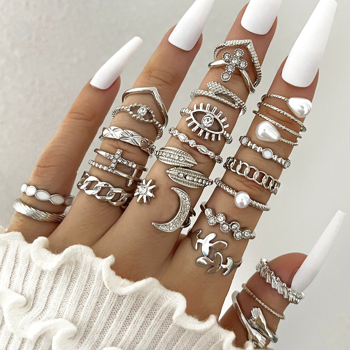 Womens Knuckle Rings Set 23 Pcs Trendy Ins Style Drop Shape Rings Cross Pearl Sun Moon Eye Gold Silver Alloy Female