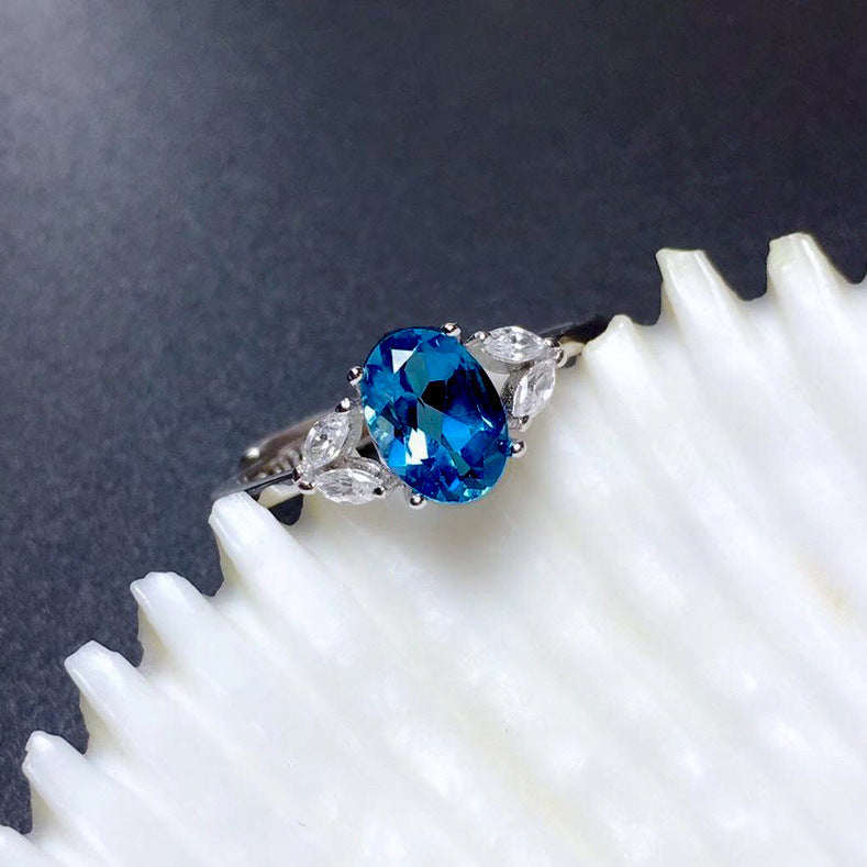 Adjustable Copper Ring With Dark Blue Artificial Sapphire Korean Fashion Geometric Exquisite Design Elegant Fit