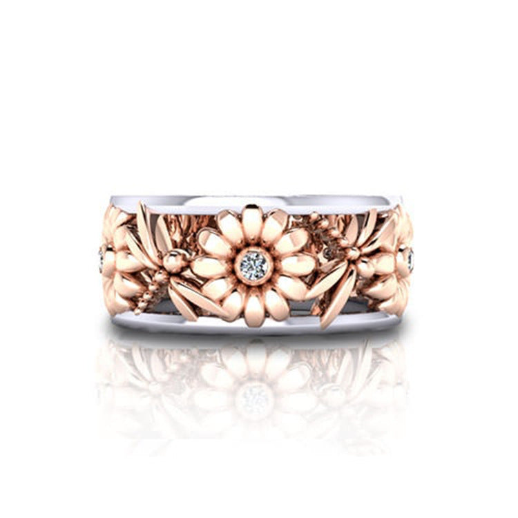 Womens Copper Flower Ring Rose Gold Two Tone Electroplated Gems Sunflower Design With Inlaid Gems Subtle Shine