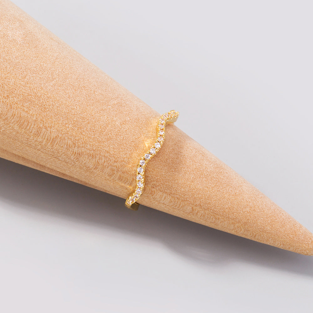Womens Adjustable Ring Copper Zircon Gold Wave Design European American Ring Simple Wild Ring Electroplated Jewelry